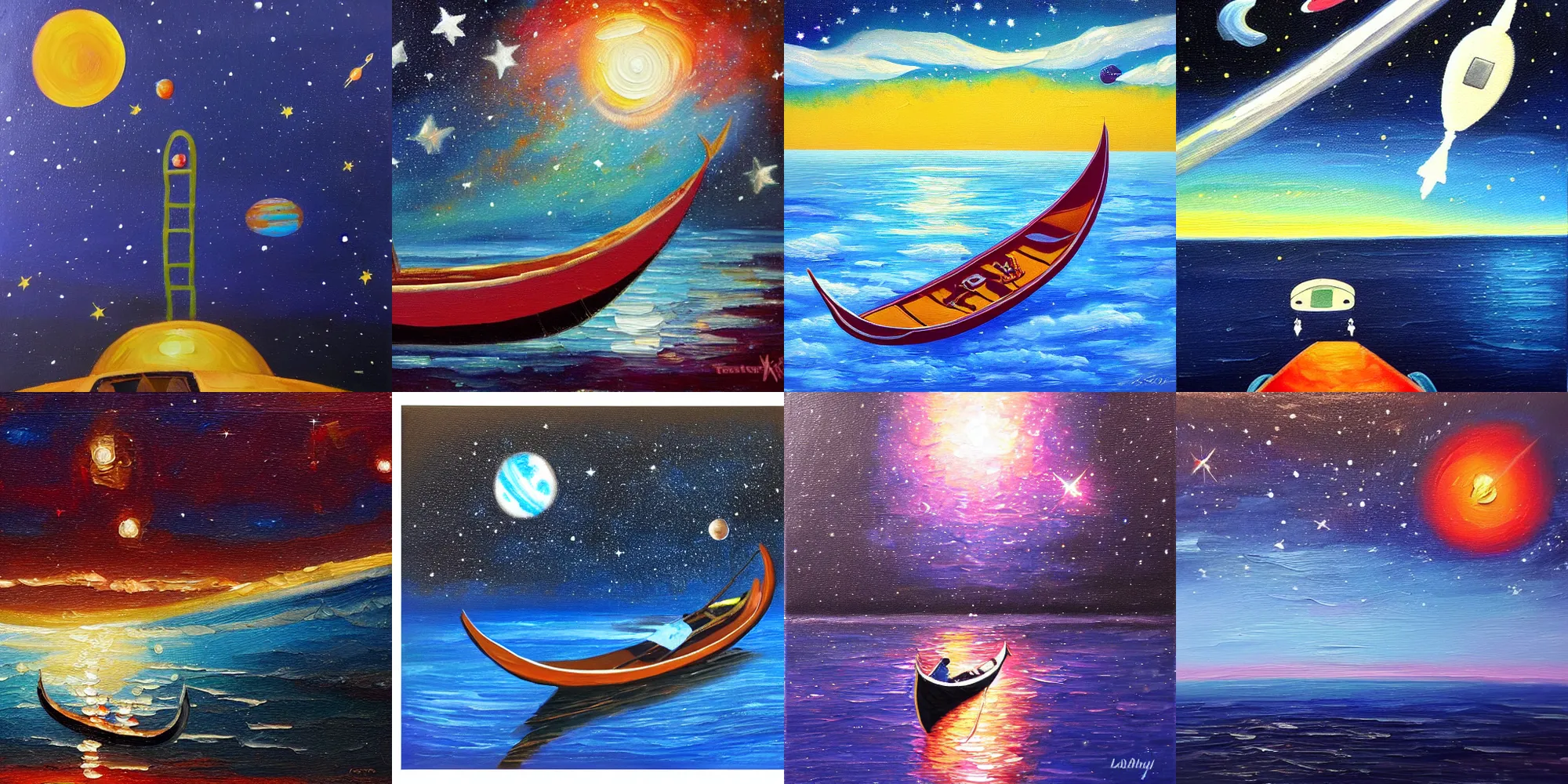 Prompt: a gondola to space, oil painting, stars, galaxy, ocean, matte finish