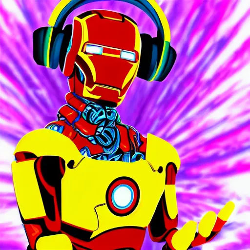 Image similar to artgerm, psychedelic laughing cybertronic ironman, rocking out, headphones dj rave, digital artwork, r. crumb, svg vector