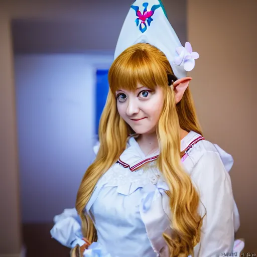 Image similar to Zelda in maid costume, EOS-1D, f/1.4, ISO 200, 1/160s, 8K, RAW, unedited, symmetrical balance, in-frame