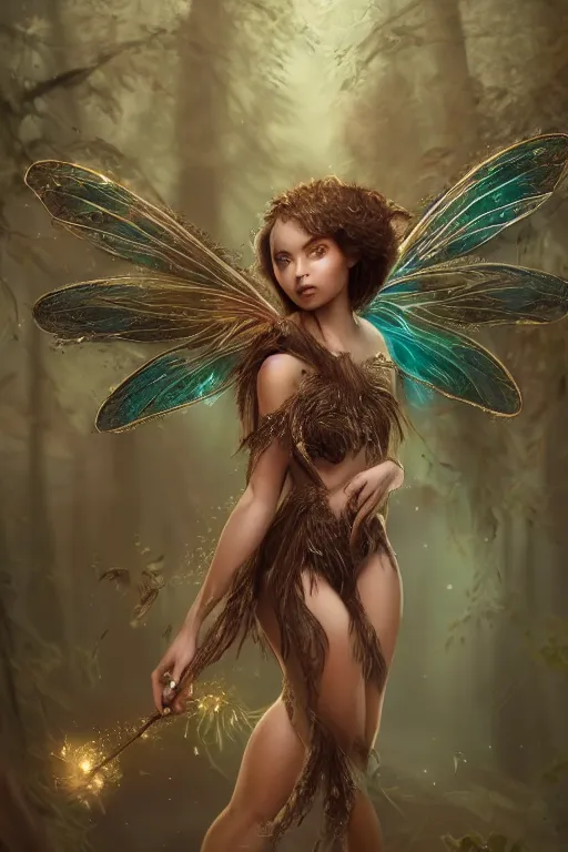 Prompt: a beautiful winged fairy portrait with brown skin, insanely detailed and intricate, flying in a beautiful alien forrest, deep in the woods, glowing floating particles, matte painting, cinematic art by ross tran, Trending on artstation, artstationHD, artstationHQ, 4k, 8k