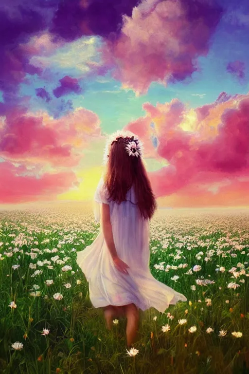 Image similar to giant white daisy flower crown head, veil girl walking in a flower field, surreal photography, sunrise, dramatic light, impressionist painting, colorful clouds, digital painting, artstation, simon stalenhag