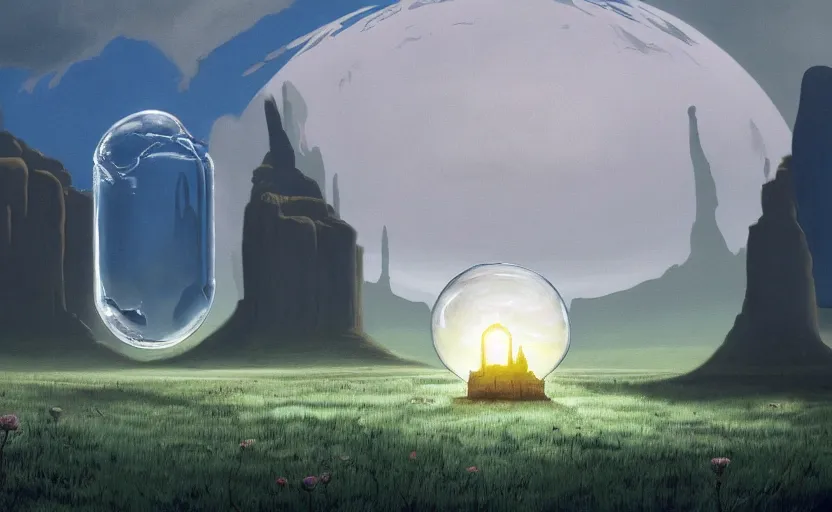 Image similar to a scary hyperrealist painting of a sucubus in a giant transparent bubble from howl's moving castle ( 2 0 0 4 ) in a flooded monument valley stonehenge jungle. depth perception, 4 k, artstation, in the style of studio ghibli