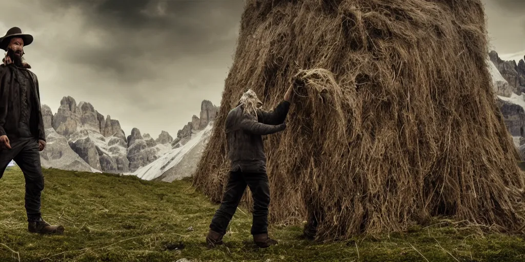 Image similar to alpine farmer transforming into a monster ,roots and hay coat, dolomites in background, dark, eerie, despair, portrait photography, artstation, highly detailed, sharp focus, by cronneberg