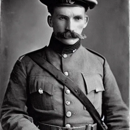 Image similar to late 1 9 th century, austro - hungarian!!! soldier ( handsome, 2 7 years old, redhead michał zebrowski with a small mustache ). old, sepia tones, detailed, hyperrealistic, 1 9 th century portait by yousuf karsh