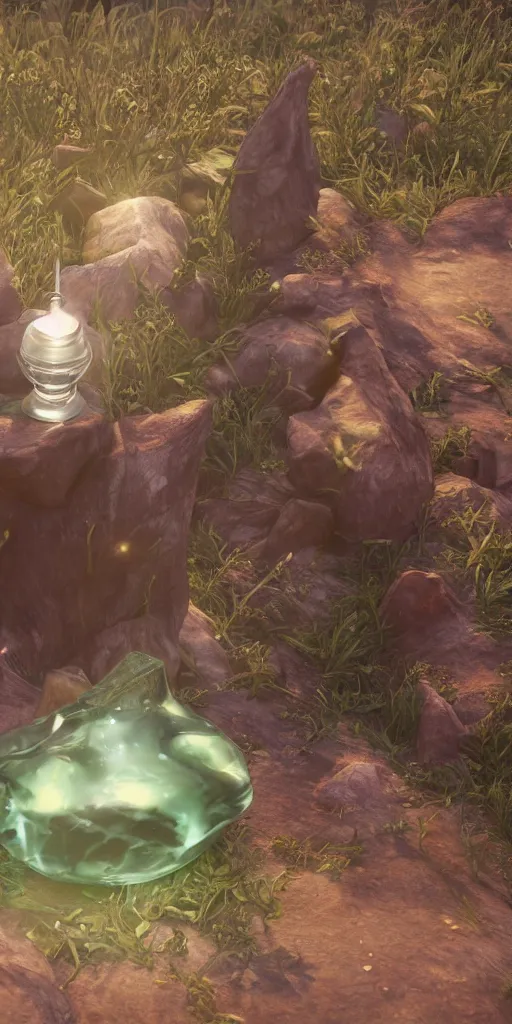 Prompt: a celestial potion inside a glass vile laying in a field , Fantasy, object, highly detailed, unreal engine 5, trending on artstation