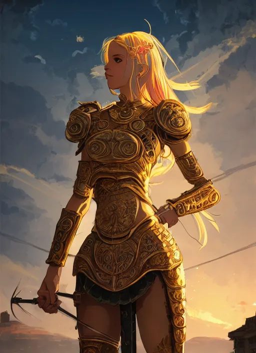 Image similar to portrait knights of zodiac girl, golden and copper shining armor, in ruined agora of athens sunrise, ssci - fi and fantasy, intricate and very very beautiful and elegant, highly detailed, digital painting, artstation, concept art, smooth and sharp focus, illustration, art by ilya kuvshinov and wlop and z - - ed and tian zi