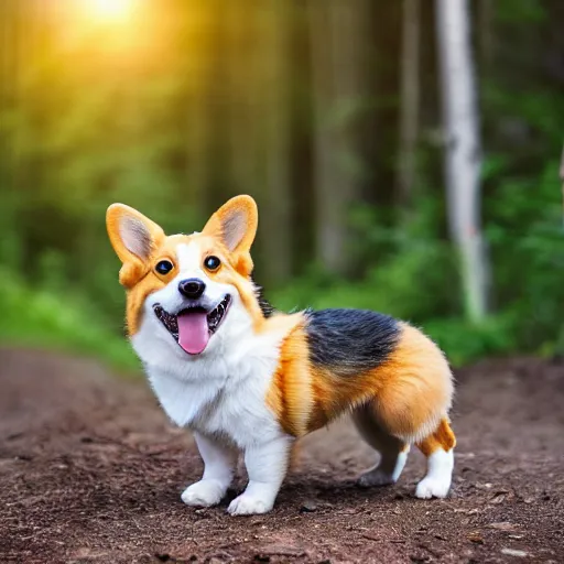 Prompt: 8k highly detailed photograph of a happy gnome riding the most adorable Corgi Puppy, on a forest hiking trail golden hour,