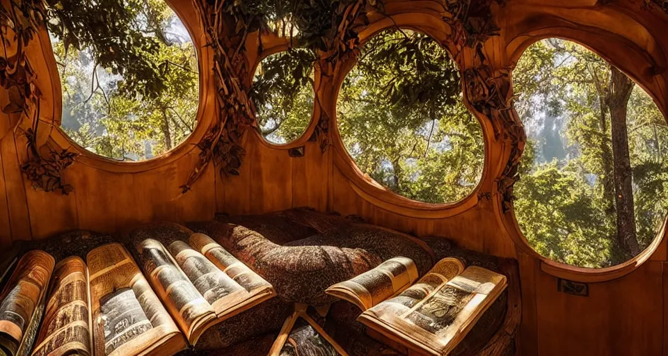 Prompt: An incredibly beautiful scene from a 2022 Marvel film featuring a cozy art nouveau reading nook in a fantasy treehouse interior. Ancient books. Embroidered pillows. A tree trunk. Suspended walkways. Golden Hour. 8K UHD.
