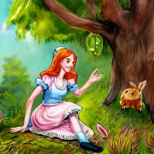 Prompt: alice from wonderland talking to a rabbit while sitting on top of a tree, realistic fantasy art in the style of enid blyton