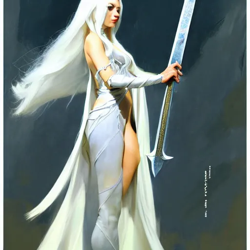 Prompt: greg manchess painting of queen of zokra, silver white hair, long gown, sorceress sword, soft lighting, trending on artstation, by huang guangjian and gil elvgren and sachin teng