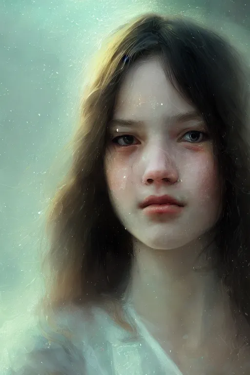 Prompt: teenage girl, joyful, close - up portrait, intricate, elegant, volumetric lighting, scenery, digital painting, highly detailed, artstation, sharp focus, illustration, concept art, ruan jia, steve mccurry