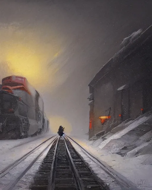 Image similar to a highly detailed epic cinematic concept art CG render digital painting artwork: Railroad in snowy landscape of Siberia and worker in orange west. By Greg Rutkowski, in the style of Francis Bacon and Syd Mead and Norman Rockwell and Beksinski, open ceiling, highly detailed, painted by Francis Bacon and Edward Hopper, painted by James Gilleard, surrealism, airbrush, Ilya Kuvshinov, WLOP, Stanley Artgerm, very coherent, triadic color scheme, art by Takato Yamamoto and James Jean