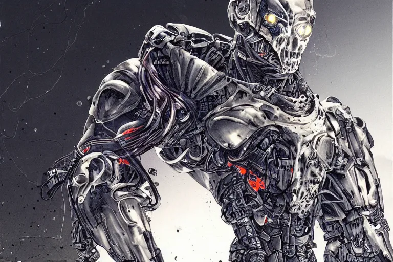 Image similar to cyborg military soldier in nanosuit with epic biological muscle augmentation, at dusk, a color illustration by tsutomu nihei and tetsuo hara