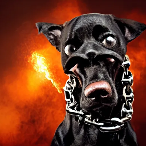 Image similar to gangster courage dog, hd, scary, chains in neck, handgun, explosion behind, dark, smooth, fine,