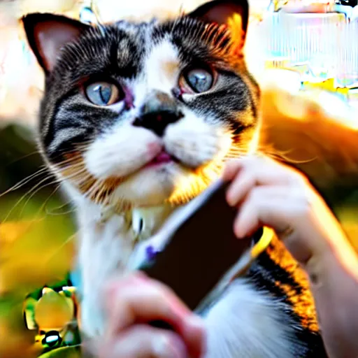Prompt: Scottish fold cat taking a selfie, golden hour, realistic