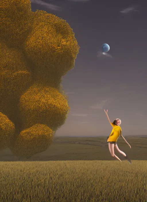 Image similar to a yellow landscape with houses, big red orb in the sky, behind the landscape, a girl levitating above the landscape by miraruido, volumetric lighting, 8 k