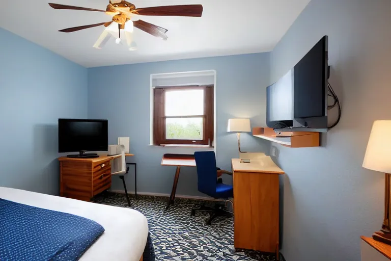 Image similar to a 10 by 11 foot old run down hotel room with white with a criss cross pattern in blue grey walls, white ceiling, navy blue carpet, a small bed, desk, two wooden wardrobes, a little side table in a light wood veneer, a window, desk fan, table light, and an old tube TV, and a ceiling fan gives off a dim orange light. Old