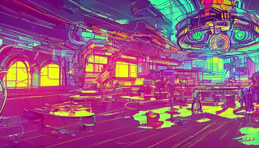 Prompt: concept art for a cyberpunk beehive, interior design, bright colors, neon signs