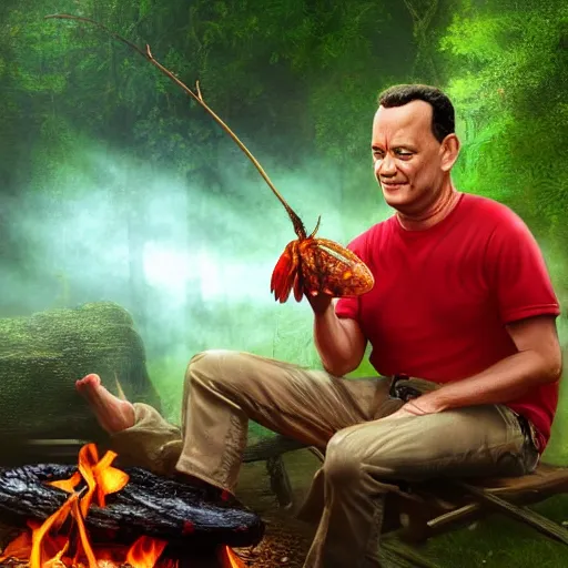 Image similar to Tom Hanks as forrest holding a giant shrimp on a stick over a campfire in the jungle, realistic digital painting, in the style of Aleksi Briclot, photoreailstic, realistic face, amazing detail, sharp