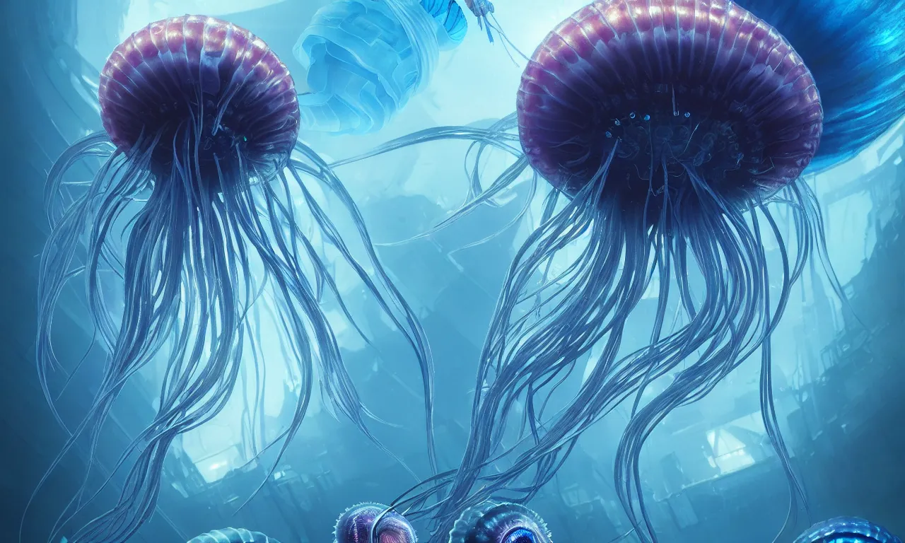 Image similar to Panorama hyper detailed painting of a cyberpunk jellyfish, blue tones, underwater, 8 mm, highly detailed, digital painting, artstation, concept art, smooth, sharp focus, illustration, art by artgerm and greg rutkowski and alphonse mucha