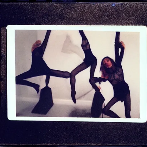 Image similar to polaroid of dancers in geometric costumes, smudge, lo fi, mix, texture