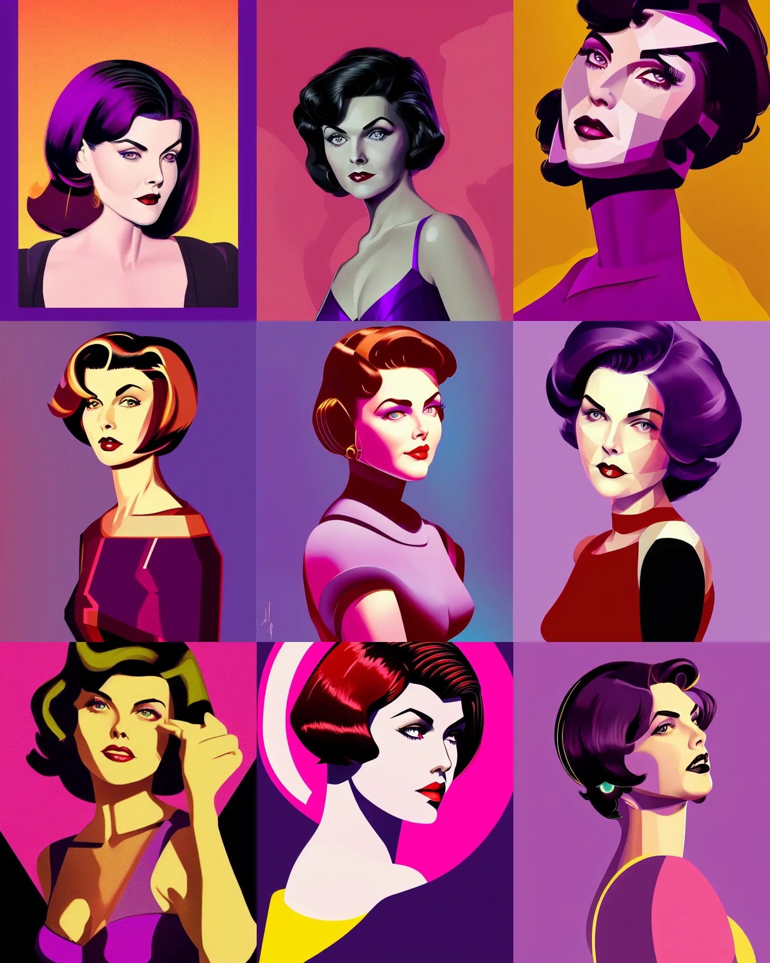Prompt: sherilyn fenn 2 6 years old as a robot, bob haircut, portrait by stanley artgerm, dramatic lighting, ilya kuvshinov, trending on artstation, flat colour, geometric curves, gradient filter, red and purple and yellow back light, art deco pattern