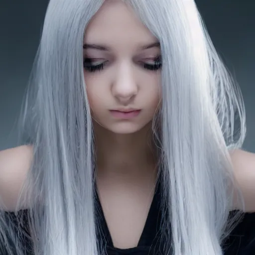 Image similar to young woman with long wavy light silver hair, with blackness instead of eyes, anime