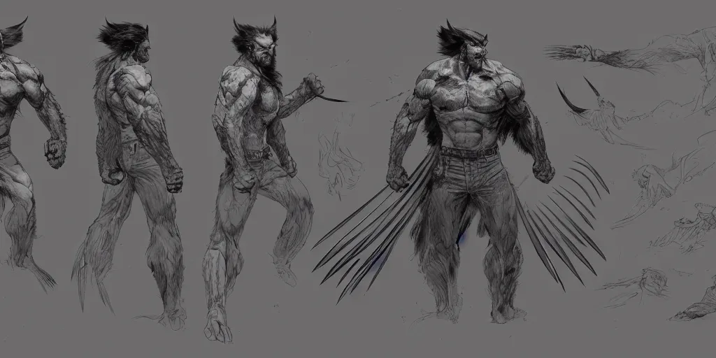 Image similar to the wolverine, character sheet, concept design, contrast, kim jung gi, greg rutkowski, zabrocki, karlkka, jayison devadas, trending on artstation, 8 k, ultra wide angle, pincushion lens effect