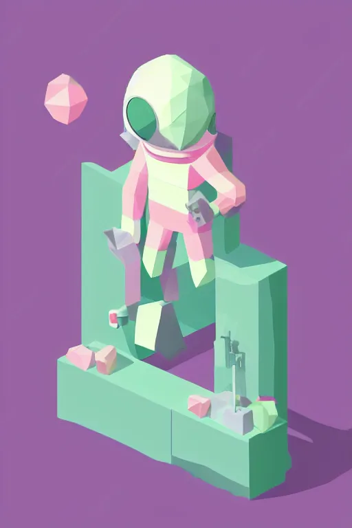 Prompt: A pastel pink low poly astronaut in an pastel green isometric room. .