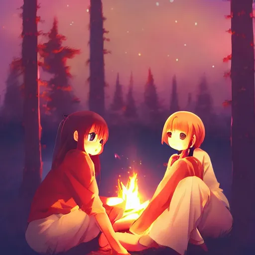 Prompt: very beautiful cute girls sitting around campfire at night, anime, trending on artstation, pixiv, makoto shinkai, manga cover