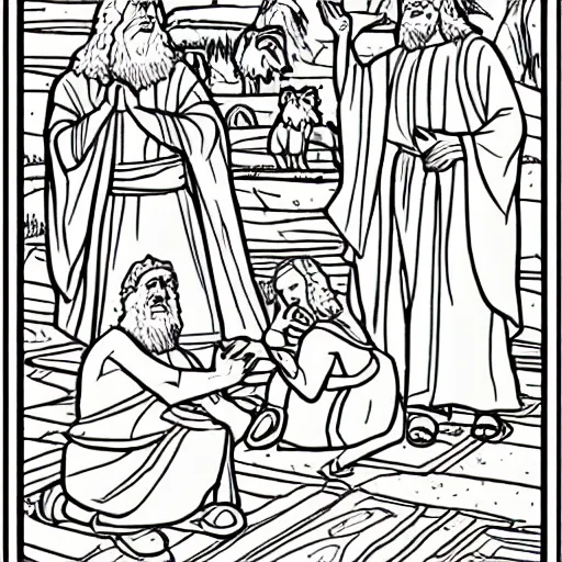 Prompt: coloring book page of Moses from the Bible as seen in Disney Pixar's Up (2009)