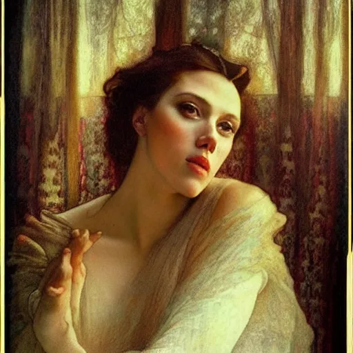 Prompt: “Scarlett Johansson portrait, Alfons Maria Mucha”