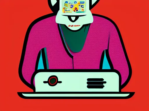 Prompt: a potrait of man playing laptop illustration art by butcher billy, sticker, colorful, illustration, highly detailed, simple, smooth and clean vector curves, no jagged lines, vector art, smooth andy warhol style