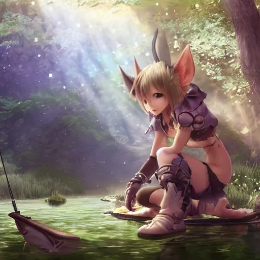Image similar to y'shtola, final fantasy xiv, fishing in the forest, concept art, highly detailed, catgirl