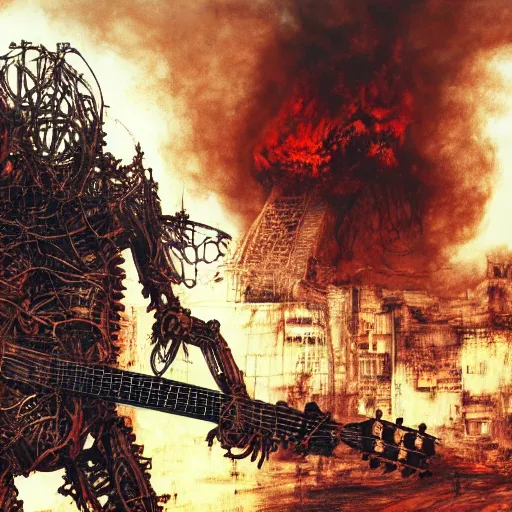 Image similar to robot shredding guitar solo standing in ruined burning street by Yoshitaka Amano, by HR Giger, biomechanical, 4k, hyper detailed, hyperrealism, anime, a Blood Moon rising on a Broken World, deviantart, artstation