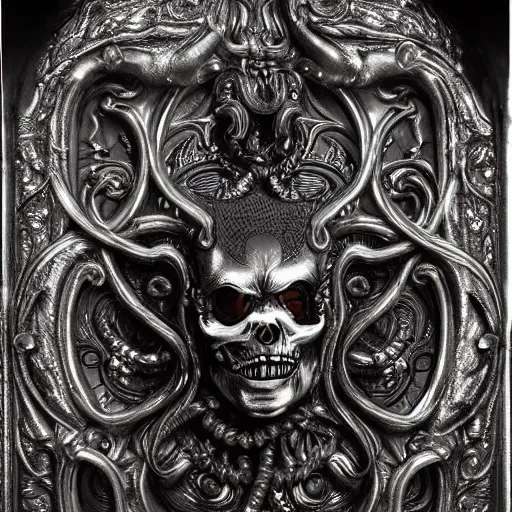 Prompt: rococo chrome carving metal plate, style of H. R. Giger, style of Emil Melmoth, micro detailed pattern, evil dark fantasy vibes, highly detailed, filigree, gothic, occult