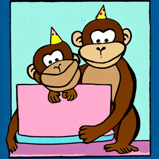 Prompt: an older monkey hugging his younger sister, birthday, cake, cartoon, birthday card