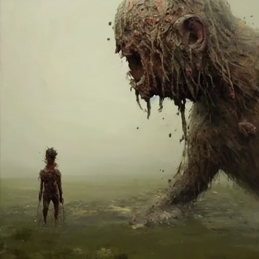 Image similar to painting by jakub rozalski of a muddy rooted humanoid creature with a big hole in the head