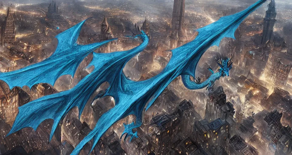 Image similar to single large dragon flying over medieval city, in style of artgerm and charlie bowater, 8k, hyper detailed, cold blue tones