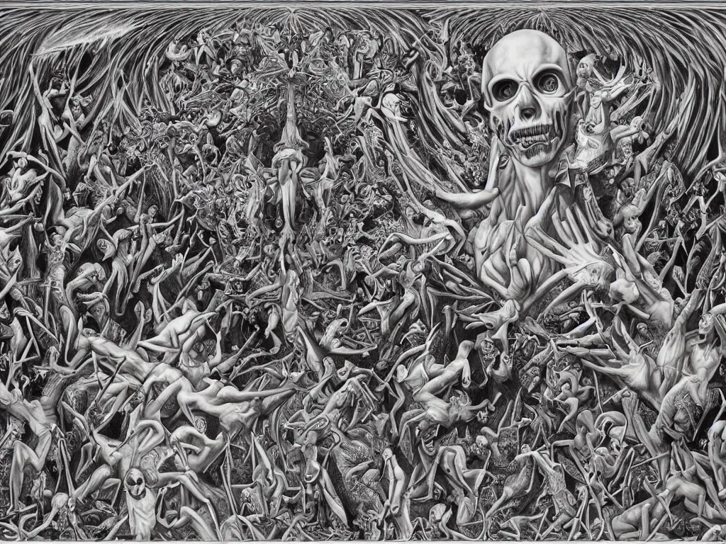 Image similar to transformation through death by Alex Grey and M. C. Escher collaboration