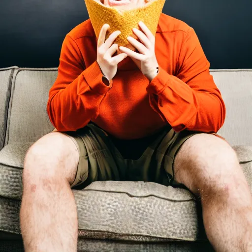 Prompt: professional photography of a drunk ginger haired man slouched on the couch smiling wearing a cone on his head stock photo