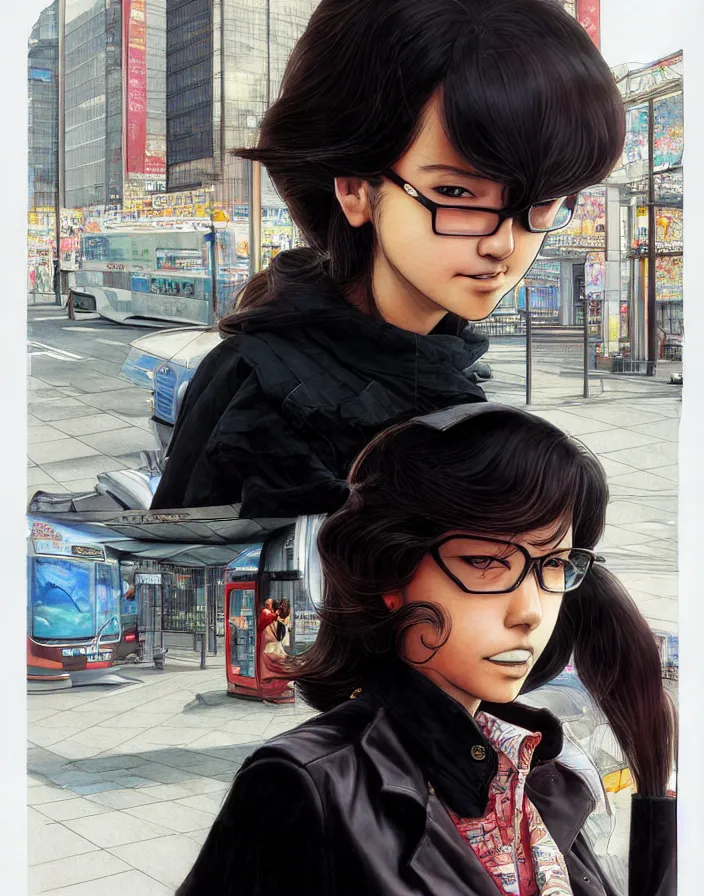 Prompt: portrait of a snobby rich mexican girl standing at a bus stop, by katsuhiro otomo, yoshitaka amano, nico tanigawa, and artgerm rendered with 3 d effect, sweet artpiece.