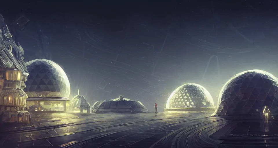 Image similar to cinematic shot, futuristic city on the moon inside a giant geodesic dome, utopian, night, stars, digital painting, artstation, concept art, smooth, sharp focus, illustration, intricate, elegant, highly detailed, in the style of greg rutkowski and alphonse mucha and artemisia, 8 k, highly detailed, jurgens, rutkowski