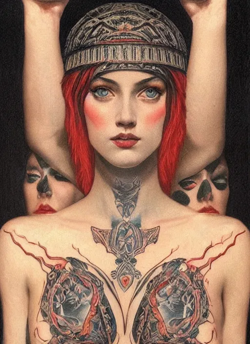 Image similar to single beautiful enlightened cult magic psychic woman with tattoos, tattooed skin, portrait, oil painting, robe, symmetrical face, greek dark ritual myth, by john william godward and anna dittman, masterpiece