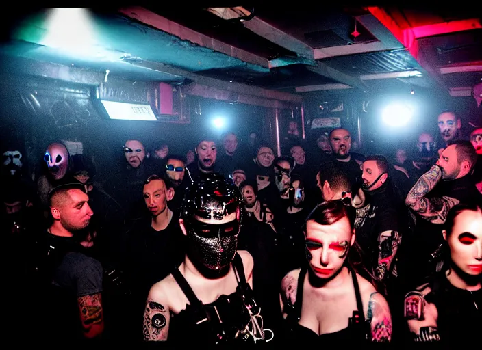 Prompt: Disposable camera photo of a provocative techwear packed busy rundown nightclub, lots of people, males and females breakdancing, variety of sharp sparkly creepy masks, harnesses and garters, tactical vests and holsters, some people holding drinks or have robot limbs or have cybernetic mods, tattoos and piercings, retrofuturism, brutalism, cyberpunk, sigma 85mm f/1.4, 15mm, 35mm, tilted frame, long exposure, 4k, high resolution, 4k, 8k, hd, wide angle lens, highly detailed, full color, harsh light and shadow, intoxicatingly blurry, Bokeh