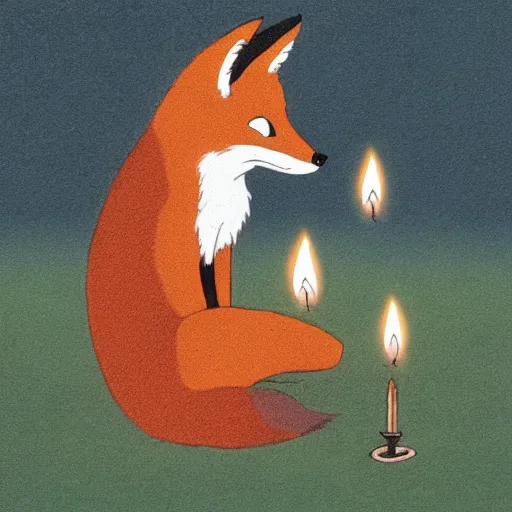 Image similar to a fox with a candle by studio ghibli