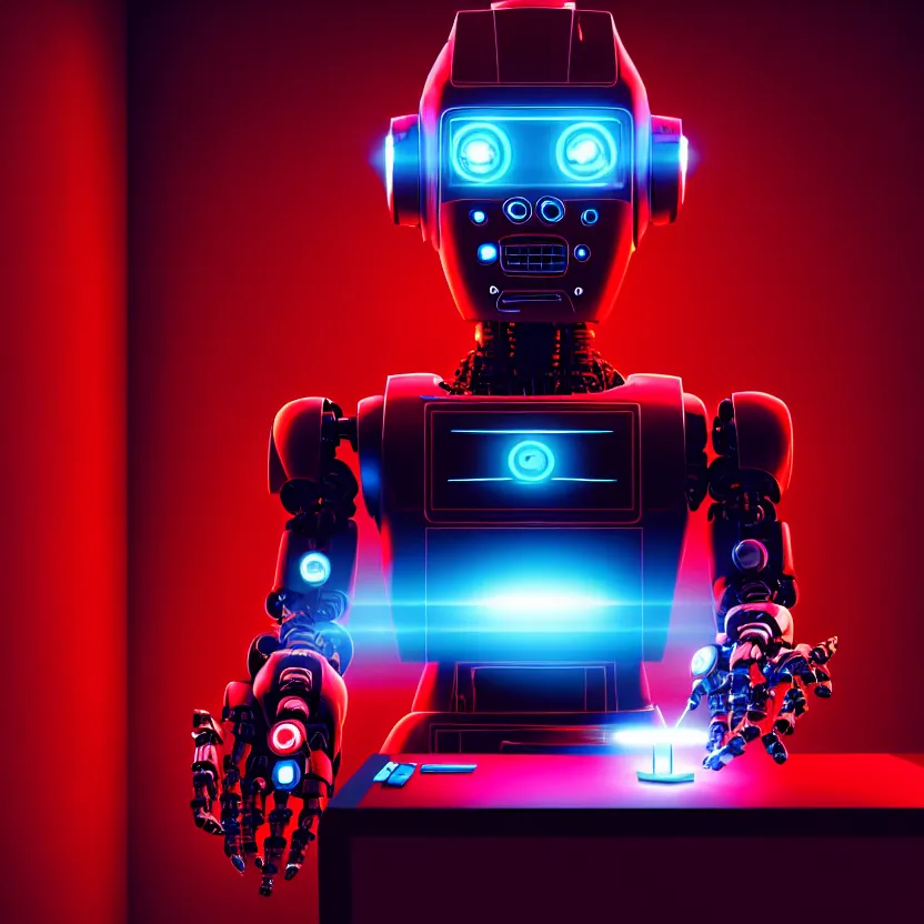 Image similar to a film still of a robot playing video games, cool, red, photo, realistic, hd, intricate details, cyberpunk, dark, horror, award - winning cinematic lighting, beautiful, 1 6 k