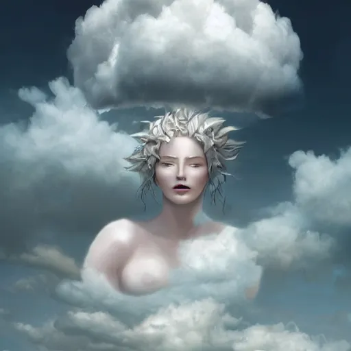 Prompt: a colossal goddess wearing a cloud fashion is looking on us from above, creative, albino skin, giant, digital art, photo manipulation, clouds, covered in clouds, girl clouds, covered by clouds, white hair, digital painting, artstation