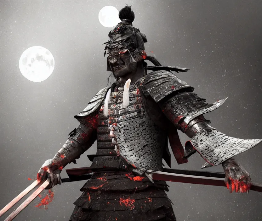 Image similar to 'a samurai! haunted by souls with a big full moon on background , gloomy and foggy atmosphere, octane render, artstation , horror scene, highly detailded'