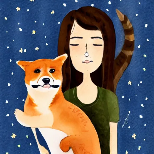 Image similar to a watercolor illustration of a girl with light brown hair, hazel eyes and freckles accompanied by a shiba inu and a cat